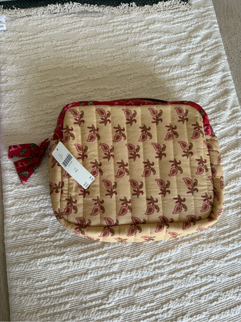 Anthropologie Quilted Floral Cosmetic Pouch in Beige and Red